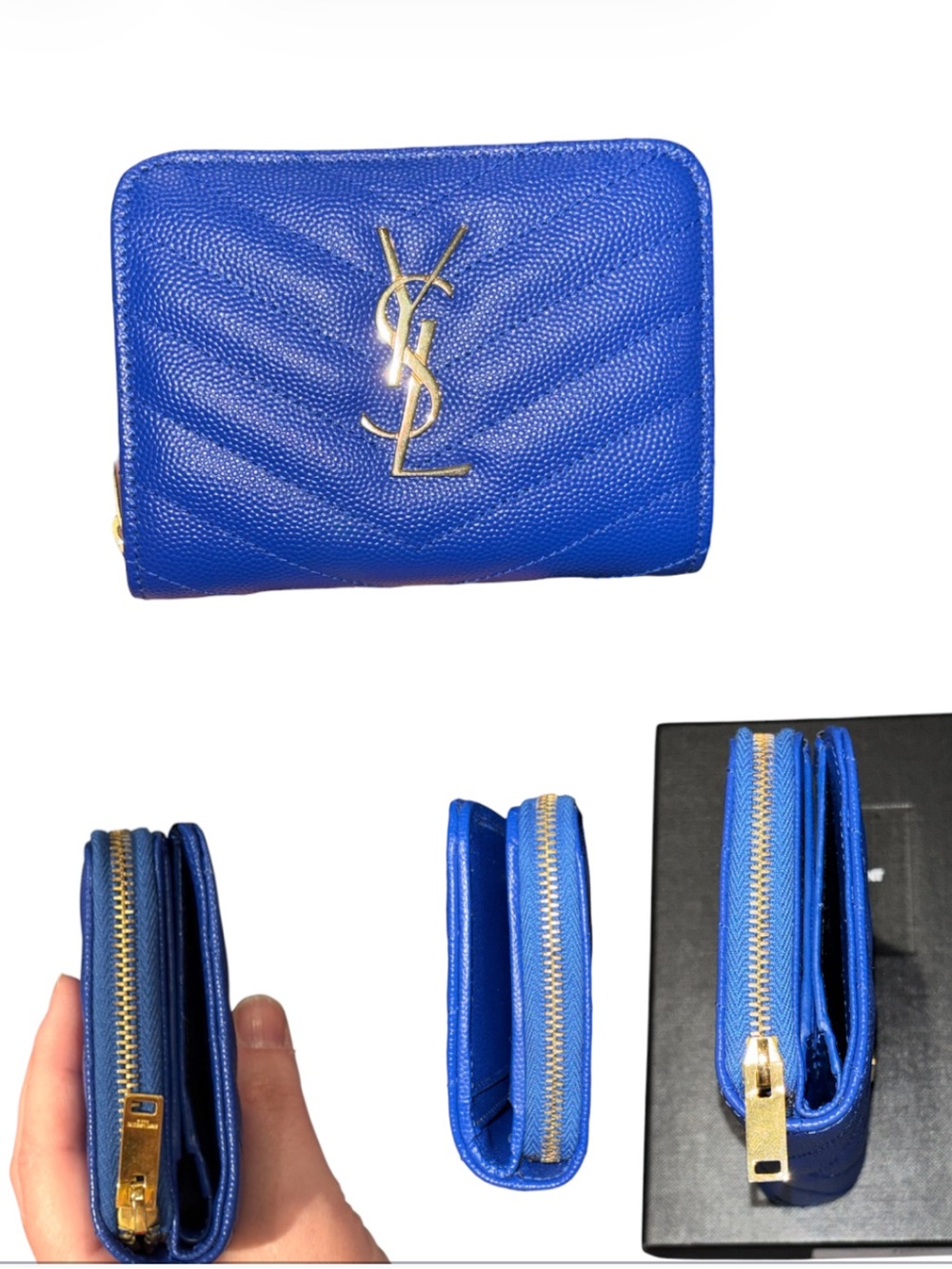 💕Sold💕 Laurent Blue Chevron Leather Zip Wallet, Gold YSL Logo hardware - Picture 2 of 3